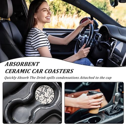 2Pcs Car Coasters for Cup Holders, Black Bow Absorbent Car Cup Coaster