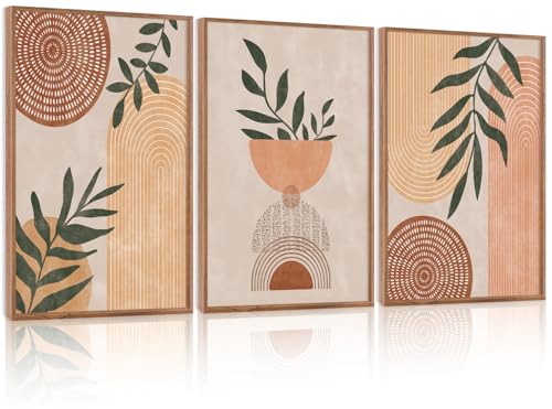 CHDITB Boho Geometric Framed Canvas Wall Art Set Of 3, Modern Minimalist Wall Decor, Bohemia Sage Leaves Painting, Mid Century Office Art Prints For Living Room, Bedroom Decor(12X16 Inch) - color: Boho wall art