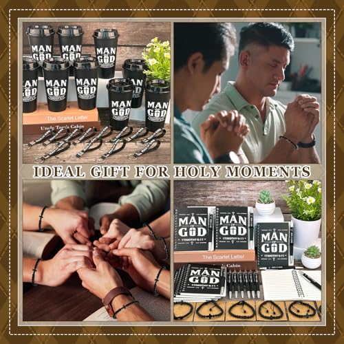 12 Sets/ 72 Pcs Christian Gifts for Men Bulk Man of God Theme Christmas Religious Gift for Church Group Includes 16oz Plastic Coffee Cup Notebooks Pens Keychains Bracelets Bags (Man of God) - color: Man of God