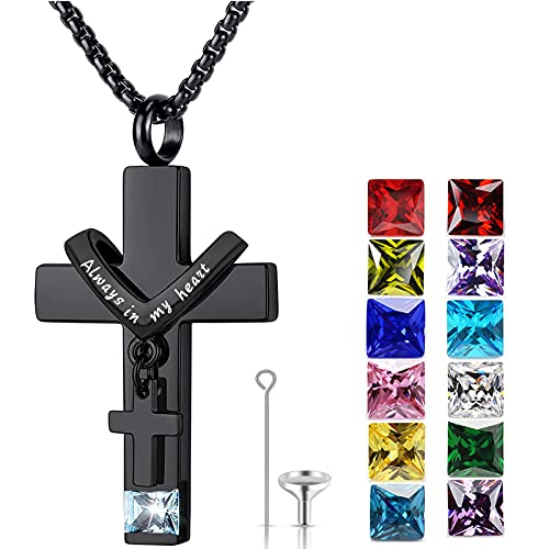 YOUFENG Birthstones Urn Necklaces for Ashes Cross Cremation Pendant Urns for Human Ashes Memorial Keepsake Locket Jewelry - style: March-birthstones