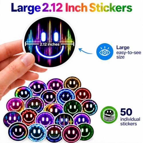 50 Neon Smiley Face Stickers, 2 Inch Waterproof Pack for Water Bottles - color: Neon