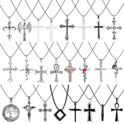 ywevyezc 12/24PCS Cross Necklace for Men, Mens Necklaces Jewelry Set Silver Chain Stainless Steel Cross Pendant Goth Necklace for Boys 16-24 inches Chain - style: 24pcs Cross Necklace