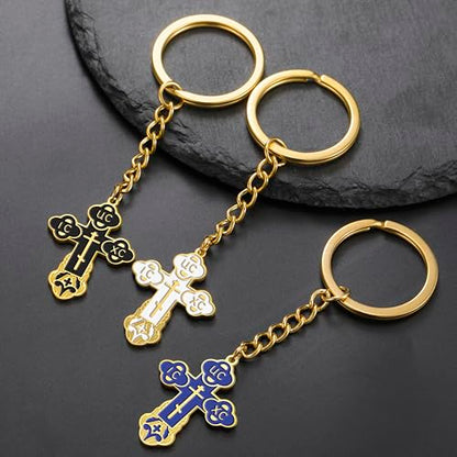 TEAMER Cross Keychain Russian Orthodox Crucifix Eastern Church Keychain Religious Christian Prayer Jewelry for Men Women - color: Black Gold