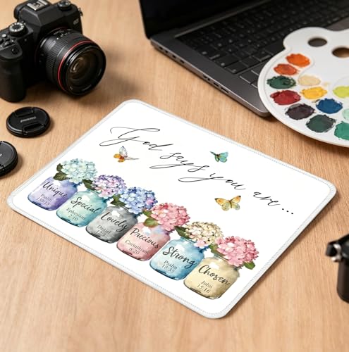 Christian Inspirational Mouse Pad, God Says You are Inspirational Desk Mat, Watercolor Hydrangea Non-Slip Mat, Gift for Christian Friends & Family, 10.2×8.3 Inch - color: White Funny Inspirational-03