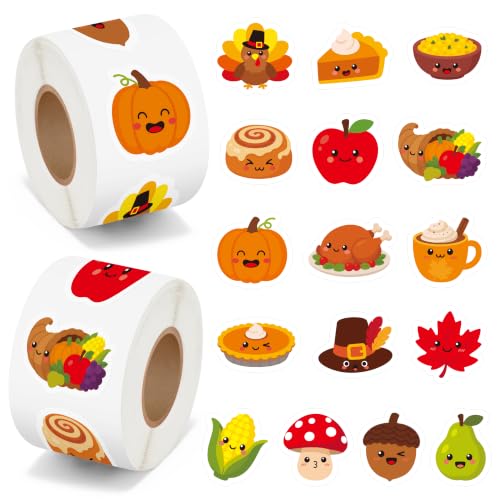 BeYumi Fall Thanksgiving Sticker Rolls - 1000Pcs Cartoon Stickers for Kids - style: Cute Thanksgiving