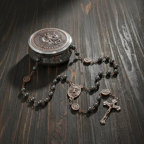 Nazareth Store St Michael Rosary Hematite Stone Beads Necklace Metal Beaded Glory Beads Archangel Medal & Cross with Metal Gift Box - color: Copper | Jesus Cross
