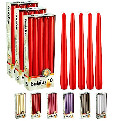 BOLSIUS 30 Count Unscented 10 Inch Red Household Taper Candles - 8 Hours Burn Time - Premium European Quality - Smokeless Dripless Taper Candlestick - Great for Special Occasion, Church, and Everyday - color: Red, size: 30 Count