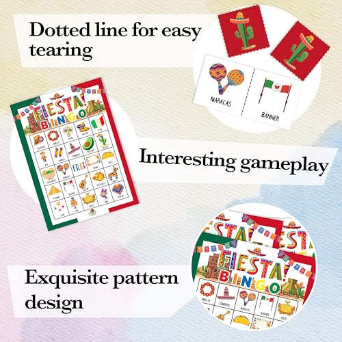 Fiesta Bingo Games, Travel Trip Bingo Cards, Mexican Theme Party Game for Adults Family, Christmas Party Activities, 24 Bingo Sets, A004 - color: Mexican Fiesta
