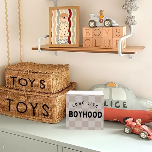 Lacama Boys Room Decor Wooden Box Sign, Long Live Boyhood Decorations Wood Block Signs, Retro Neutral Checkered Wood Sign for Toddler Boys Nursery Room Bedroom Desk Shelf Wall Decor 5x5 In - color: Long Live Boyhood