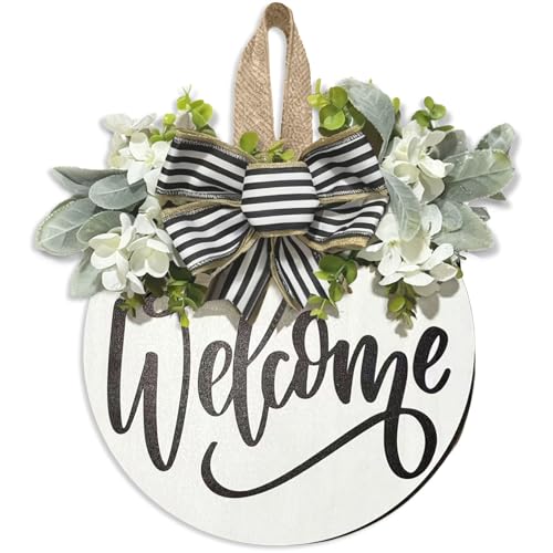 Welcome Wreaths Sign for Front Door, Rustic Wood Wreath with Bow, Welcome Home Porch Hanging Sign Gift, for All Seasons Holiday Farmhouse Outdoor & Indoor Decorations - color: Welcome Sign