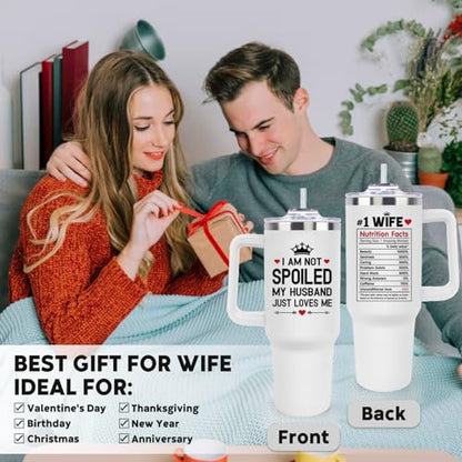 LHSCVUFASC 40 Oz Tumbler Cup With Handle And Straw - Wives Coffee Mug - Gifts For Wife From Husband, Wedding Anniversary, Birthday, Mother's Day, Christmas, Valentine's Day - color: Wife White