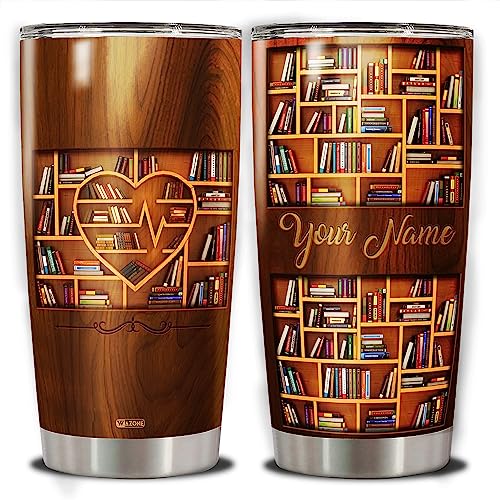 WAZONE Personalized Book Lover Tumbler Cup With Lid 20oz 30oz Custom Name Double Wall Vacuum Insulated Travel Coffee Mug for Women Girls Reading Librarian Customized Gifts Inspirational - color: Bookshelf