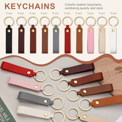 50 Pcs Leather Keychains, PU Leather Keychain Blanks, Key Chains Kit - color: 10colors, 50pcs