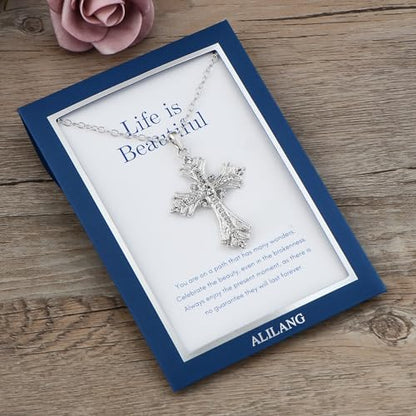 Alilang Silvery Tone Celtic Cross Pendant Necklace with Religious Message Card & Envelope Christian Jewelry - style: Life is Beautiful