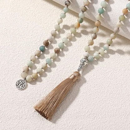 INBLUE 108 Mala Prayer Beads Wrap Necklace with Long Tassel Boho Necklace for Women Amazonite Bead Bracelet with Spiritual Tree of Life Pendant 108 Beads Necklace for Meditation - color: Natural Amazonite