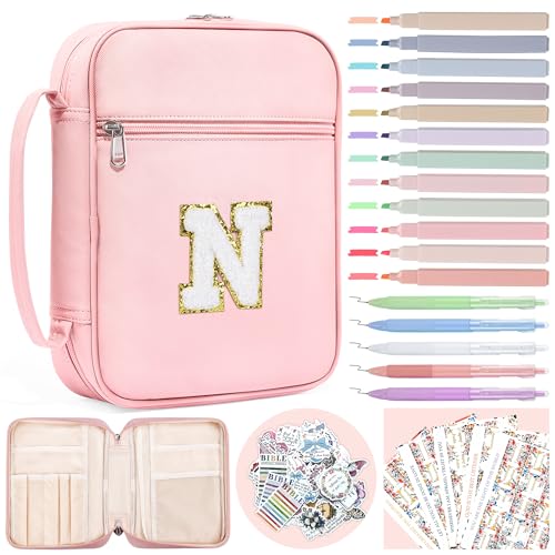 WOBAGMEN Bible Cover for Women,Pink PU Leather Personalized Bible Case with Bible Study Supplies,Including Tabs and Highlighter Set, Faith Chiristain Gift for Women Girls (Pink, N) - size: N
