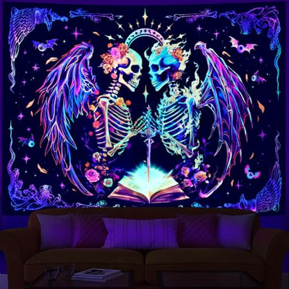 Heopapin Blacklight Trippy Skull Tapestry UV Reactive Gothic Skeleton Wall Hanging Tapestries Fantasy Neon Wing Glow in the Dark Party Poster Magical Galaxy Space Tapestry for Bedroom - color: Skull Lover, size: 59.1"L x 51.2"W