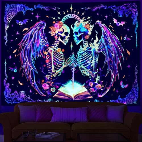 Heopapin Blacklight Trippy Skull Tapestry UV Reactive Gothic Skeleton Wall Hanging Tapestries Fantasy Neon Wing Glow in the Dark Party Poster Magical Galaxy Space Tapestry for Bedroom - color: Skull Lover, size: 78.7"L x 59.1"W