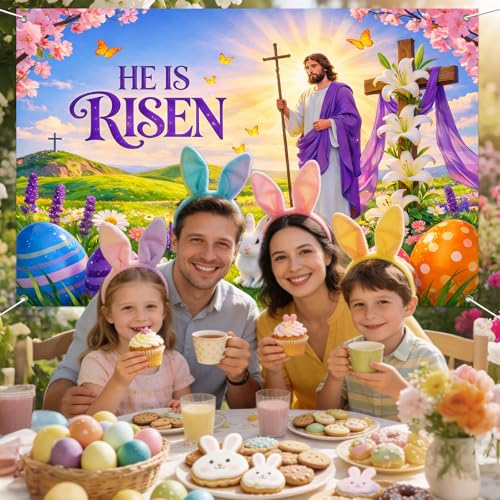 IVN He Is Risen Easter Banner 71x43 Inch Christian Jesus Cross Lilies Eggs - color: He Is Risen Jesus Cross Religious Easter
