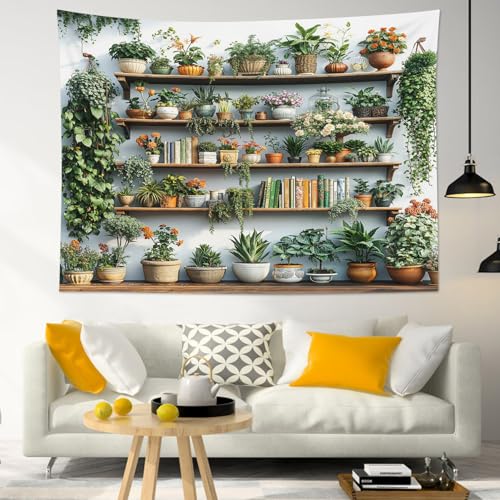 EOBTAIN Green Plant Tapestry Cactus and Floral Potting on Bookshelf Tapestries Hanging Botanical and Reading Tapestry Wall Hanging Decor for Bedroom Living Room 60x40 Inch - color: Green White, size: 40"L x 60"W