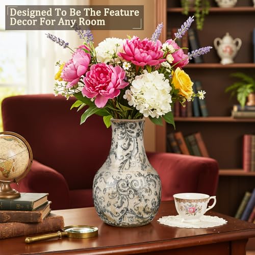LemonRoad Vintage Ceramic Flower Vase 5.7 Inch Chinoiserie Ice Cracked Glaze Porcelain Vase Rustic Ceramic Large Centerpieces for Home Table Living Room Bookshelf Office(Vine Style) - style: Vine Style