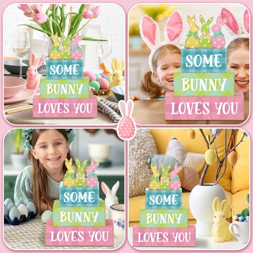 4 Pcs Easter Bunny Table Sign Wooden Table Decor Farmhouse Holiday Sign Easter Tabletop Centerpieces Spring Wood Blocks Tiered Tray Decor for Home Kitchen(Dot Bunny) - style: Dot Bunny