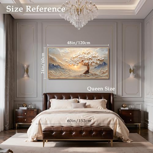 imjiayu White Blossom Tree Mountain Landscape Art, Serene Sunset Painting - color: Mountain Sun Tree, size: 48"L x 24"W