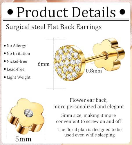 14K Gold Plated Small Stud Earrings for Girls Women Hypoallergenic Surgical Steel Cartilage Flat Back Stud Earrings CZ Cross Dot Bar Heart Handmade Screw Back Earrings Studs - color: Gold, style: Dot