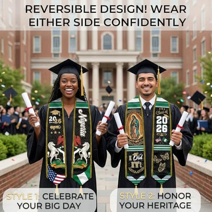 Graduation Stole Class of 2026 Reversible Sash with Gold Glitter Trim and Tassels V-Neck 72 Inch Satin - color: Nigeria & America