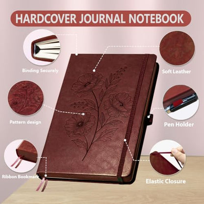 A5 Blooming Flower Leather Journal, 300 Pages Lined Notebook, Red Vintage Pattern Hardcover Notebook for Travel Diary, Business, Work and School Daily Writing - style: Flower
