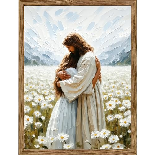 Christian Wall Art, Jesus Embracing Woman Canvas Painting, 3D Textured Sandstone Style Wood Framed Artwork, Religious Decor for Prayer Room Bedroom 16x12 Ready to Hang - color: Jesus Hugging Woman, size: 16"L x 12"W