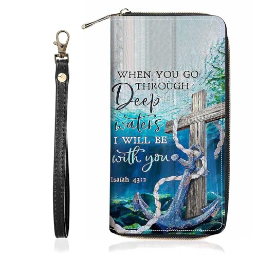 Cross and Anchor Quote Bible Verse Isaiah 43:2 Print Wallet for Women Large Capacity Wallet Credit Card Holder PU Leather Zipper Clutch Purse Phone Wallet - color: Cross and Anchor Quote Bible Verse Isaiah 43:2