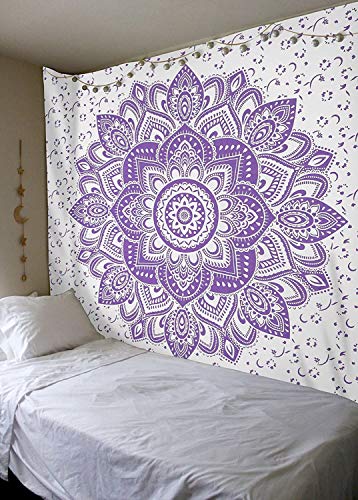 Bhagyashri Fashions Indian Mandala Twin Cotton Purple White Ombre Tapestry Wall Hanging Art Collage Bedspread Picnic Beach Blanket Hippie Boho Tapestries 84x54 Inches