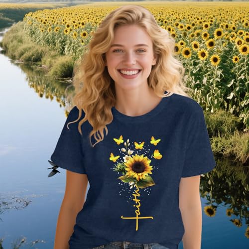 Womens Christian Shirts Faith Cross Sunflower Butterfly T-Shirt Bible Verse Religious Tee Tops - color: Blue, size: XX-Large