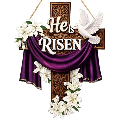 14.6 Inches Easter Door Sign He Is Risen Hanging Decor Religious Cross Sign Easter Wreaths for Front Door Christian Lily Flowers Lent Hanging Hanger for Farmhouse Front Porch