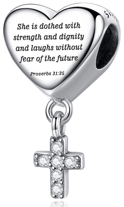 Cross Charm Fit Pandora Charms Bracelet Love Heart Christian Bible Verse Charms Prayer Faith Religious Jewelry Gifts for Women - style: She is Dothed with Strength and Dignity and Laughs without Fear of the Future