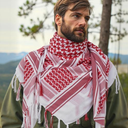 Aonal Military Shemagh Tactical Desert Scarf, Keffiyeh Scarf for Men - color: Mix Red & White