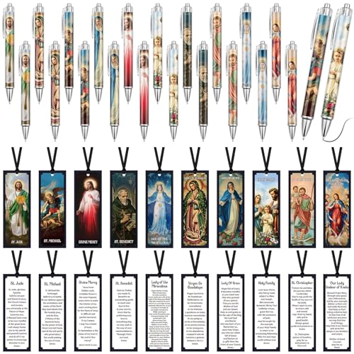 Sayglossy 40 Pcs Catholic Bible Gifts Set 20 Christian Ballpoint Pens ＆20 Prayer Bookmarks Religious Saints Jesus Virgin Mary Gifts Bulk for First Communion Baptism Confirmation Lent Favors(Classic) - style: Classic