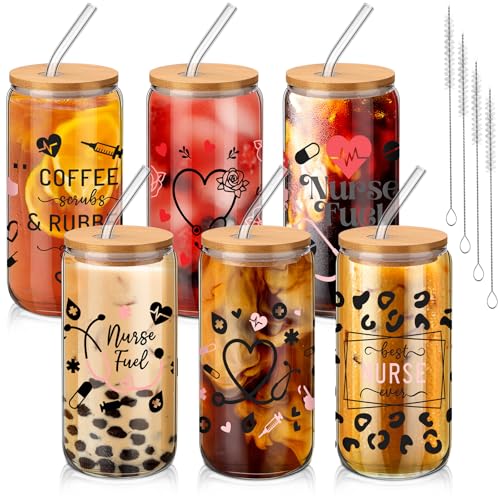 SiliFine 6 Pcs Nurse Gift Glass Cups, 16 oz with Lids and Straws - style: Nurse