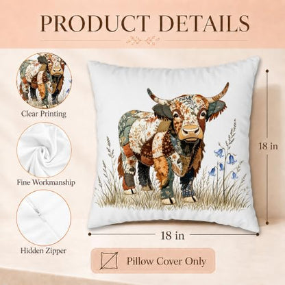 Boho Quilting Cow 18x18 Pillow Cover - color: Highland Cow-17