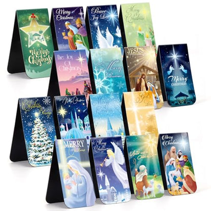 JSRQT 16Pcs Christmas Religious Magnetic Bookmarks, Larger Double-Sided Christian Bookmark for Women Man, Jesus Birth Bible Magnet Page Marker Bookmarks Page Clip for Book Lovers, 6×3 CM, 16 Style