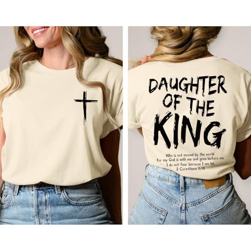 Daughter of The King Christian Shirts for Women Bible Verse Graphic Tees Shirt Jesus Inspirational Religious T-Shirt - color: Apricot, size: X-Large