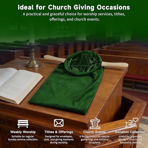 2 Pack Church Offering Bags with Wooden Handles, Deep Green Velvet Tithe Collection Bags with Neat Open Shape, Lined Interior, for Worship Service, Church Giving, Tithes and Donation Collection
