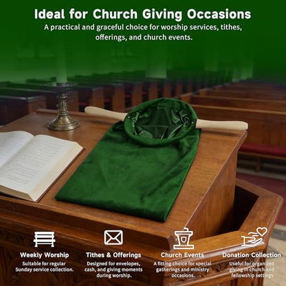 2 Pack Church Offering Bags with Wooden Handles, Deep Green Velvet Tithe Collection Bags with Neat Open Shape, Lined Interior, for Worship Service, Church Giving, Tithes and Donation Collection