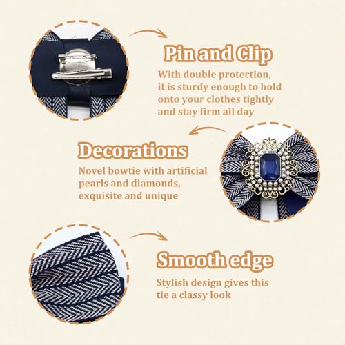 Womens Bow Tie Adjustable Rhinestone Bowtie for Women Ladies Girls Pre-tied Womens Tie for Shirt Suit Uniform - color: Blue-brooch