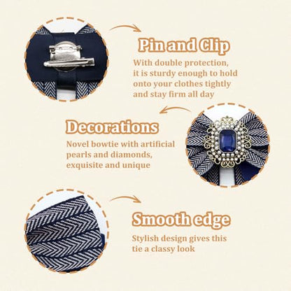 Womens Bow Tie Adjustable Rhinestone Bowtie for Women Ladies Girls Pre-tied Womens Tie for Shirt Suit Uniform - color: Blue-brooch