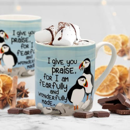 Christian Coffee Mug with Gift Box, 12 oz Ceramic, with Bible Verse - color: Blue / Puffins