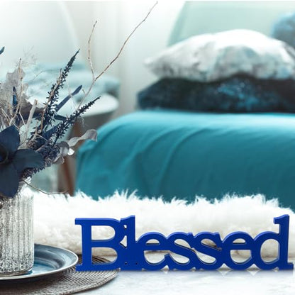 Blulu Blessed Letter Table Sign Wooden Blessed Standing Sign,Blue - color: Blue