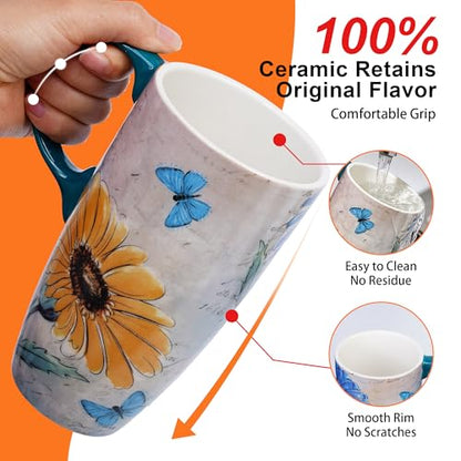 Topadorn 17oz Ceramic Travel Mug with Lid, Blue Floral Coffee Mug - color: Daisy