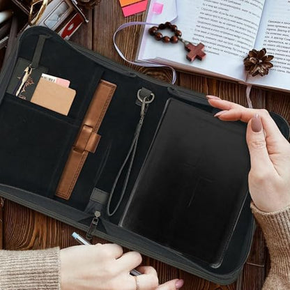 Bible Covers for Women & Men, Leather Bible Case with Rose Bookmark, Bible Supplies Carrying Bag Tote with Strap, Personalized Gift for Study, Journaling, Church-Black